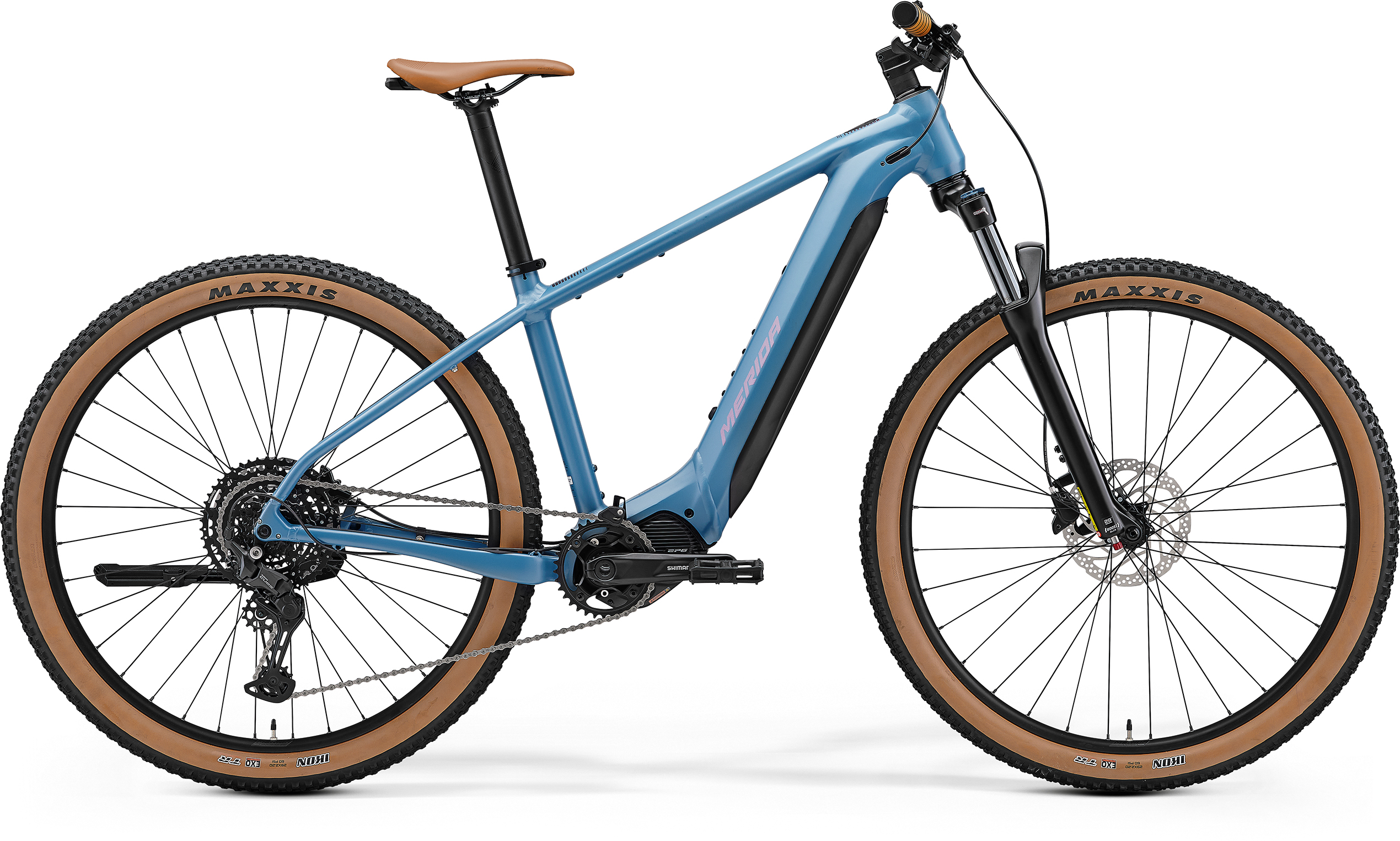 MERIDA EBIG NINE 400 2027 en color DOVE BLUE, vista lateral completa