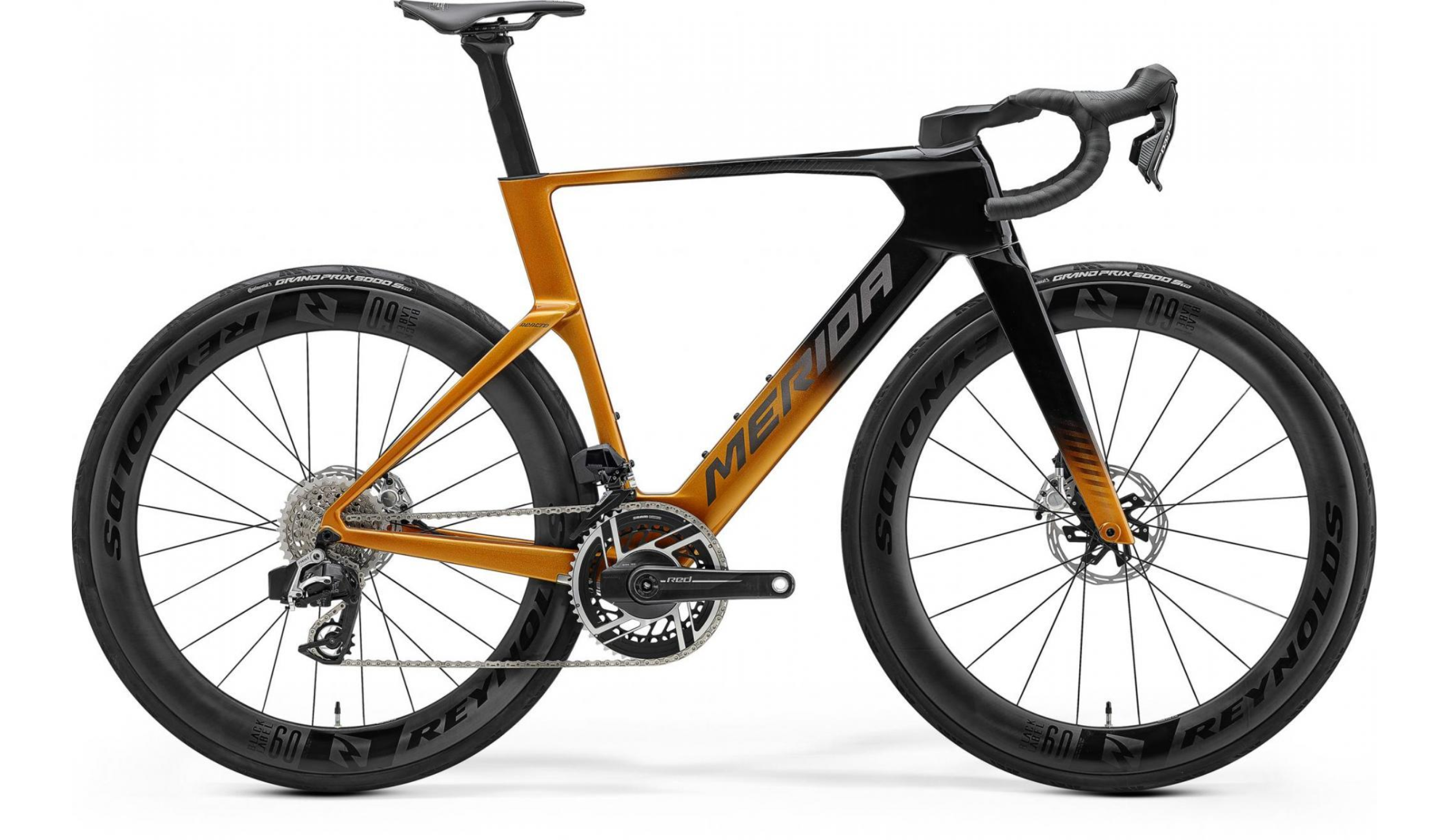 MERIDA REACTO 10K 2027 en color BLACK GOLD, vista lateral completa